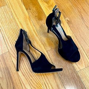 Jessica Simpson black suede heels. Size 8. Chain ankle detail